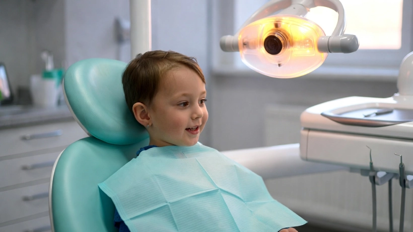 Ребенок в стоматологическом кабинете перед фторирование зубов
