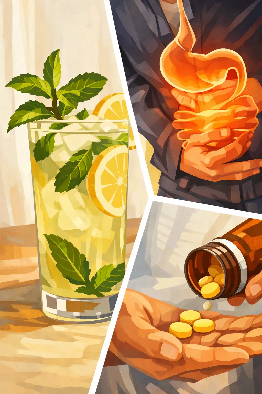 Коллаж из трех иллюстраций: 1) Стакан с лимонадом; 2) Изжога и прочие проблемы с желудком; 3) Мужчина достает таблетки из банки, некоторые из которых уже лежат в ладони