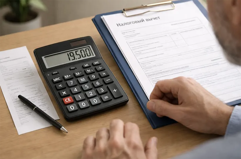 Перед мужчиной на столе лежат калькулятор и налоговый вычет