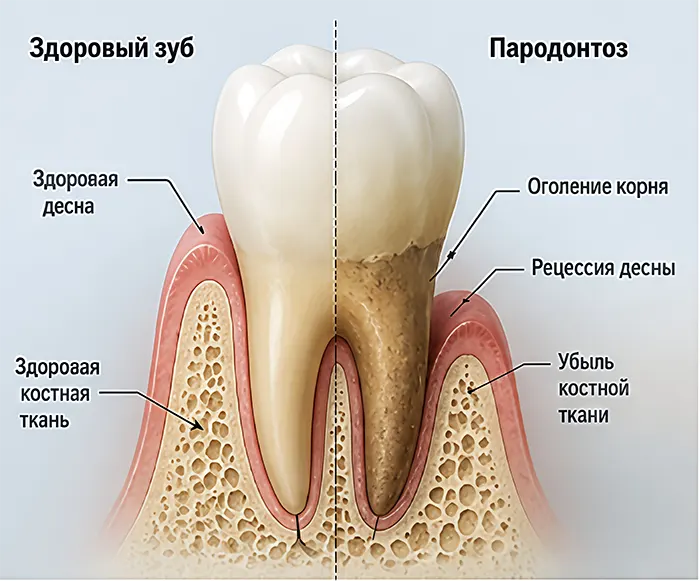 Разница между здоровым зубом и пародонтозом