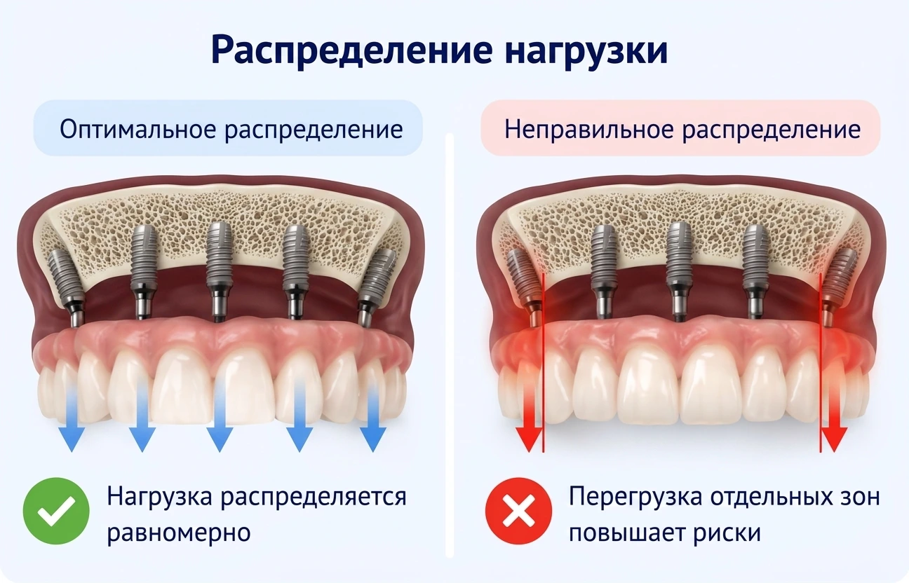 Схема правильного и неправильного распределения нагрузки на импланты