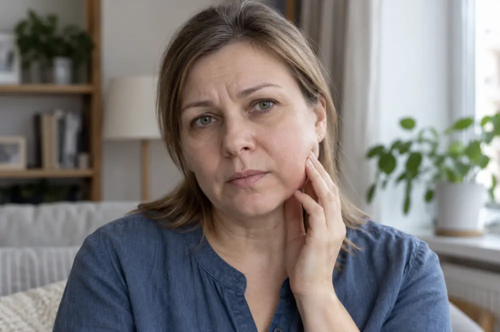 Женщина с опухшей щекой после удаления зуба