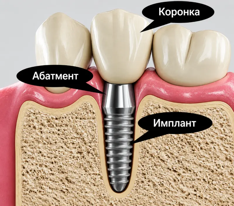 Схема, как выглядит зубной имплант с коронкой