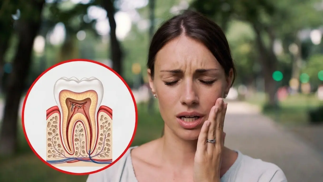 Молодая женщина держится за щеку от зубной боли